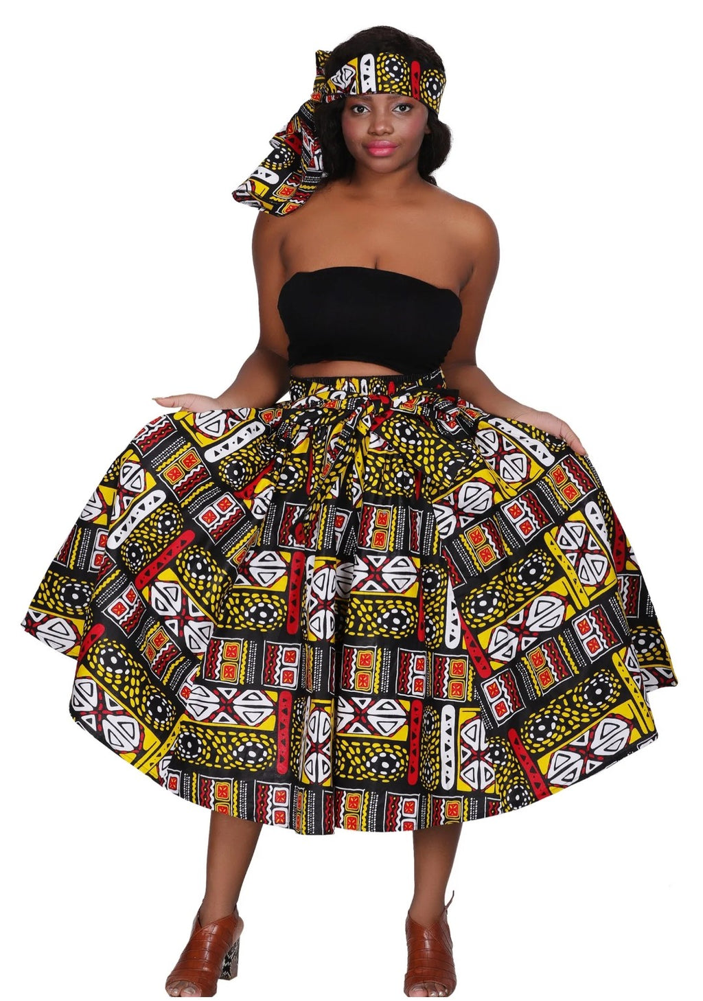 Dashiki Printed Cotton Wax Elastic Waist Flared Skirt