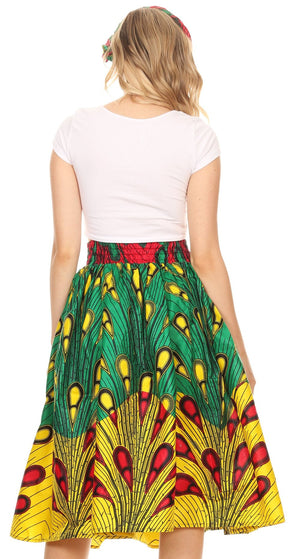 Women's Dashiki Printed Wax Elastic Waist Flared Skirt Tribal One Size fit mid