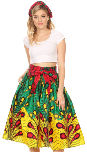 Women's Dashiki Printed Wax Elastic Waist Flared Skirt Tribal One Size fit mid