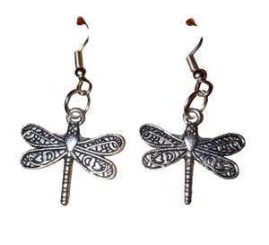 Dragonfly dangle hook silver earrings