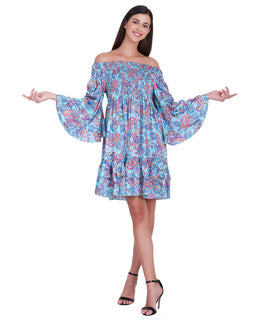 Blue multi bell sleeve off shoulder sundress