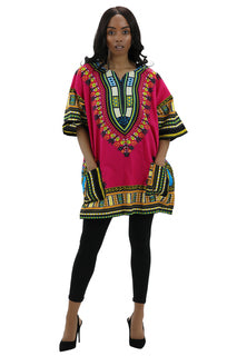 African Dashiki Cotton Wax Print Multicolored Top One Size Fit Most pink multicm