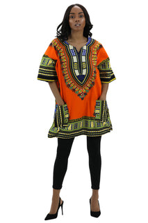 African Dashiki Cotton Wax Print Multicolored Top One Size Fit Most Tangerine