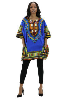 African Dashiki Cotton Wax Print Multicolored Top One Size Fit Most blue  multi
